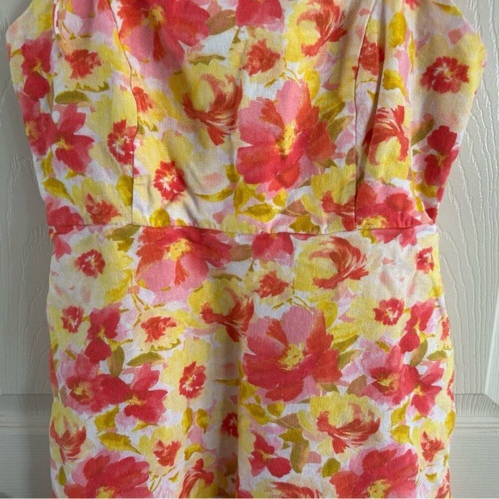 Old Navy Sz Small Yellow Pink Floral Mini Dress Tie Straps Linen Blend Pockets - Picture 3 of 15